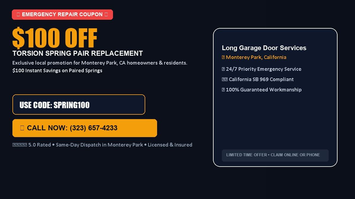 Long Garage Door Services $100 OFF Dual Torsion Spring Replacement in Monterey Park, CA